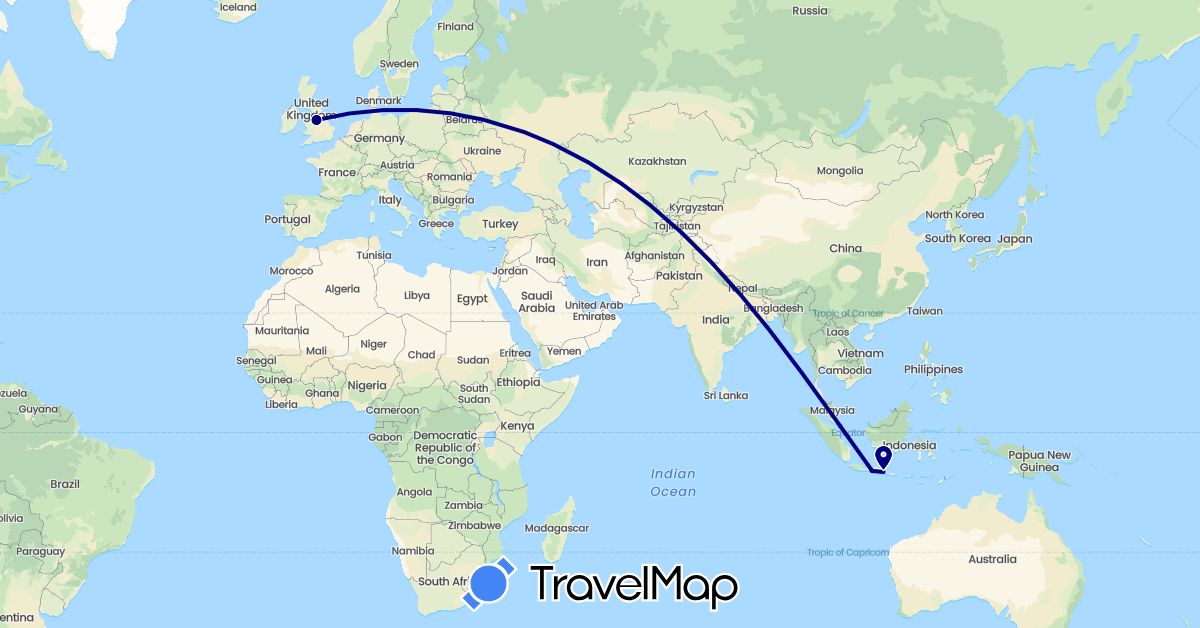 TravelMap itinerary: driving in United Kingdom, Indonesia, Singapore (Asia, Europe)